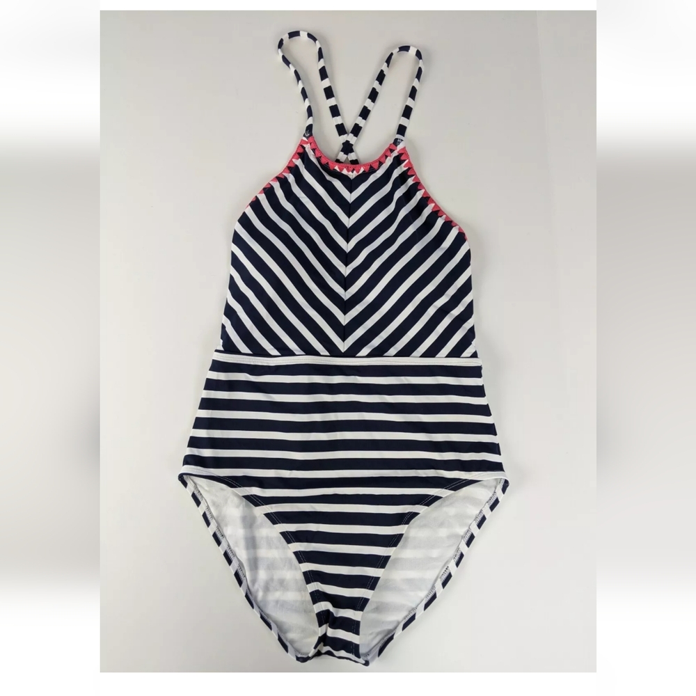 Tommy Bahama Navy and White Striped One-Piece with Pink Trim